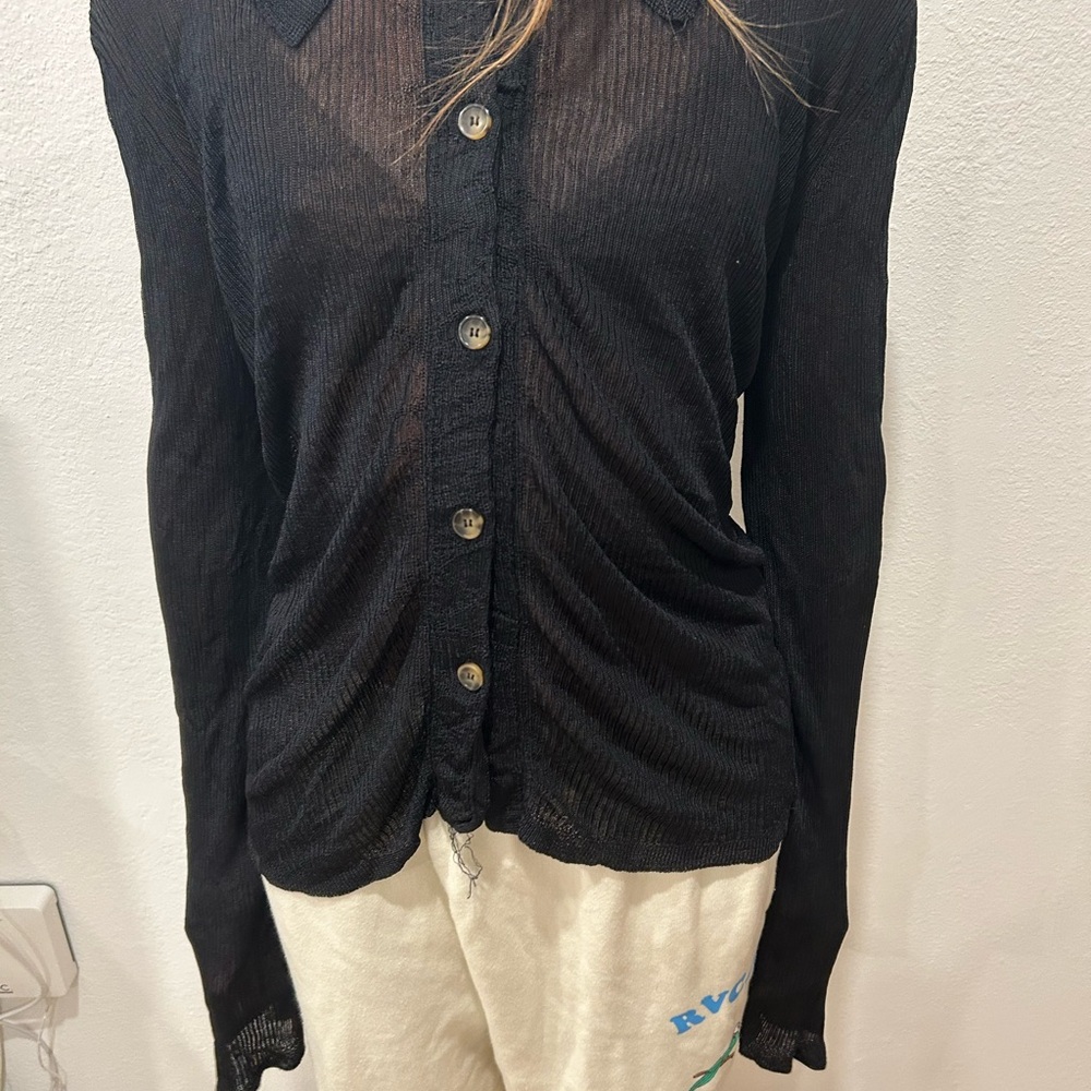 Free People Black Sheer Button-Up Blouse small
